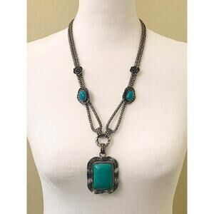 Silver Tone and Dyed Turquoise Stone Necklace, Square Pendant, Rose Accents